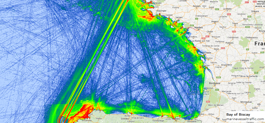 Live Marine Traffic, Density Map and Current Position of ships in BAY OF BISCAY